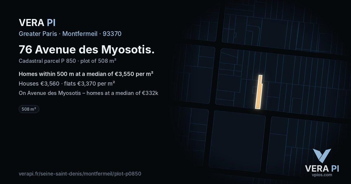 76 Avenue des Myosotis, Montfermeil at night – the plot lit, the parcels around coloured by the prices near them