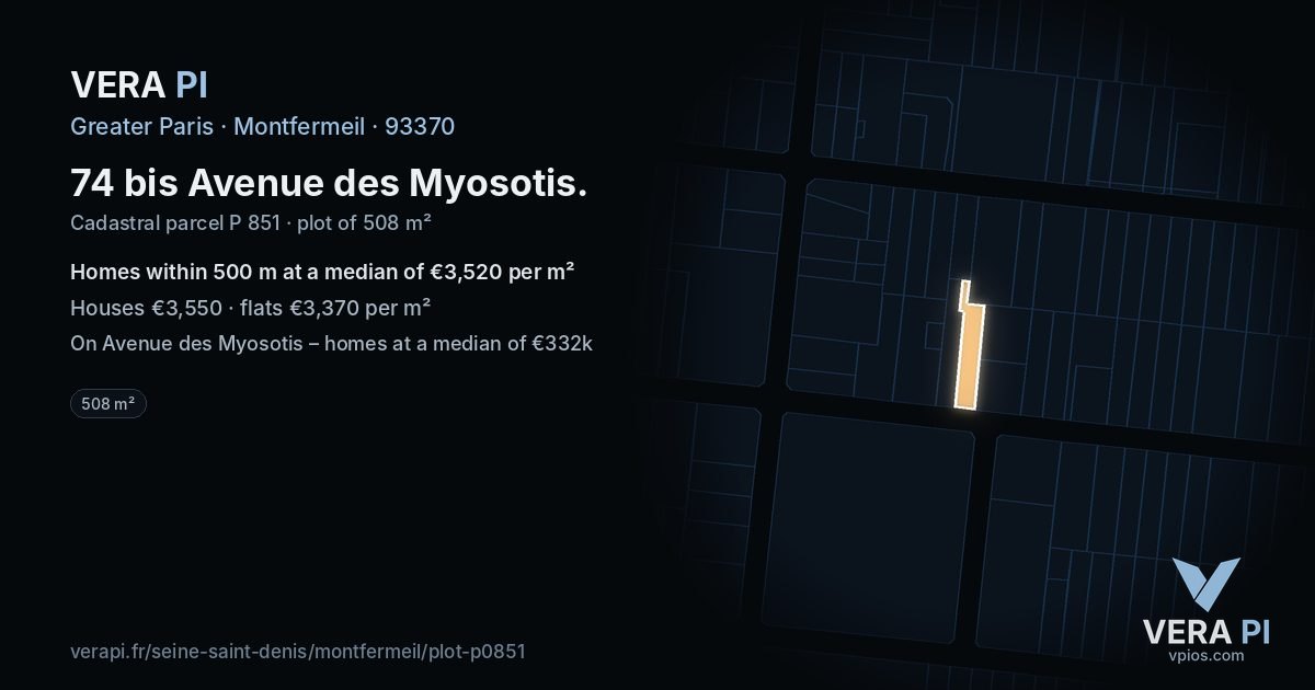 74 bis Avenue des Myosotis, Montfermeil at night – the plot lit, the parcels around coloured by the prices near them