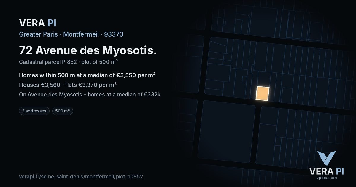 72 Avenue des Myosotis, Montfermeil at night – the plot lit, the parcels around coloured by the prices near them