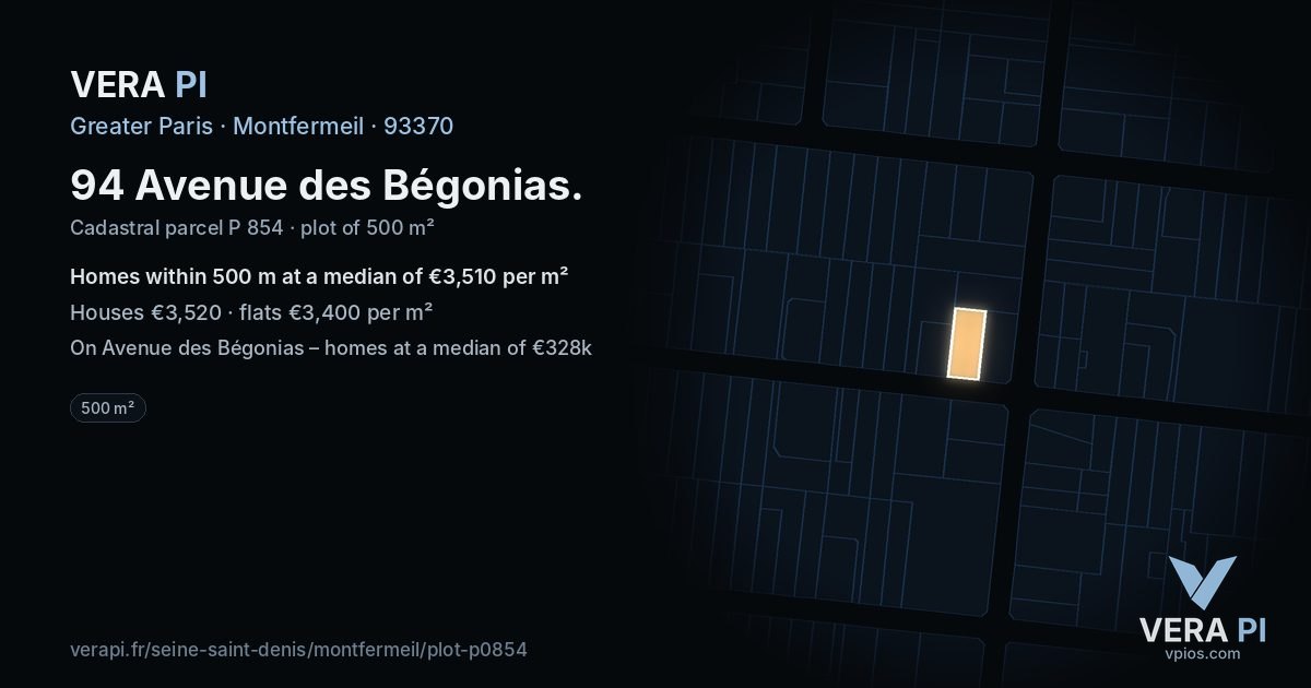 94 Avenue des Bégonias, Montfermeil at night – the plot lit, the parcels around coloured by the prices near them