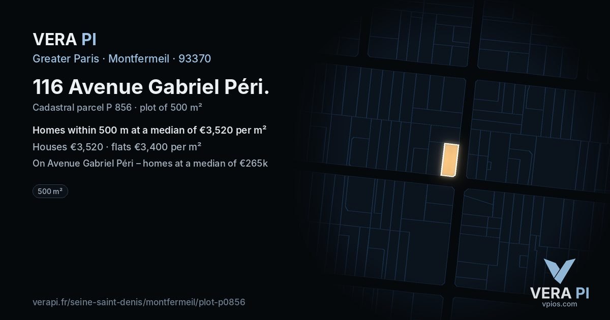 116 Avenue Gabriel Péri, Montfermeil at night – the plot lit, the parcels around coloured by the prices near them