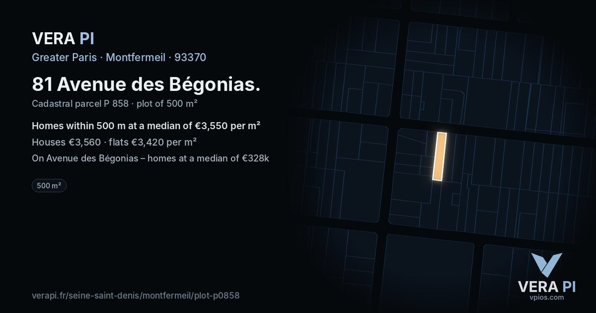 81 Avenue des Bégonias, Montfermeil at night – the plot lit, the parcels around coloured by the prices near them