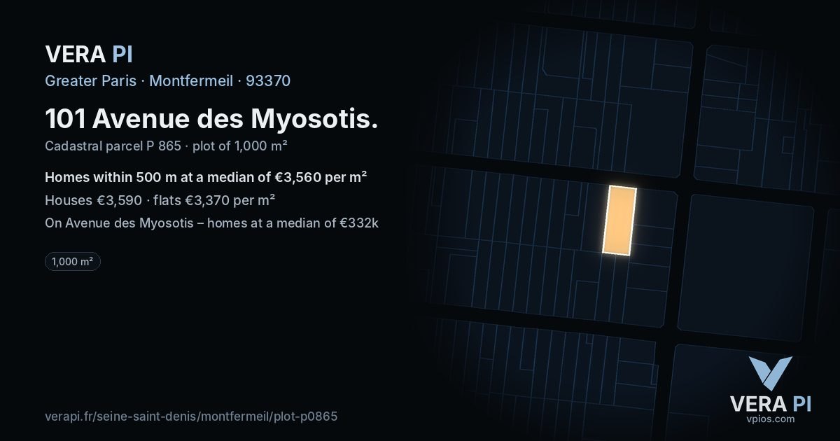 101 Avenue des Myosotis, Montfermeil at night – the plot lit, the parcels around coloured by the prices near them