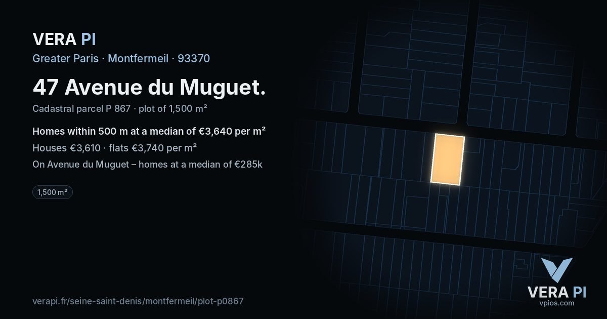 47 Avenue du Muguet, Montfermeil at night – the plot lit, the parcels around coloured by the prices near them