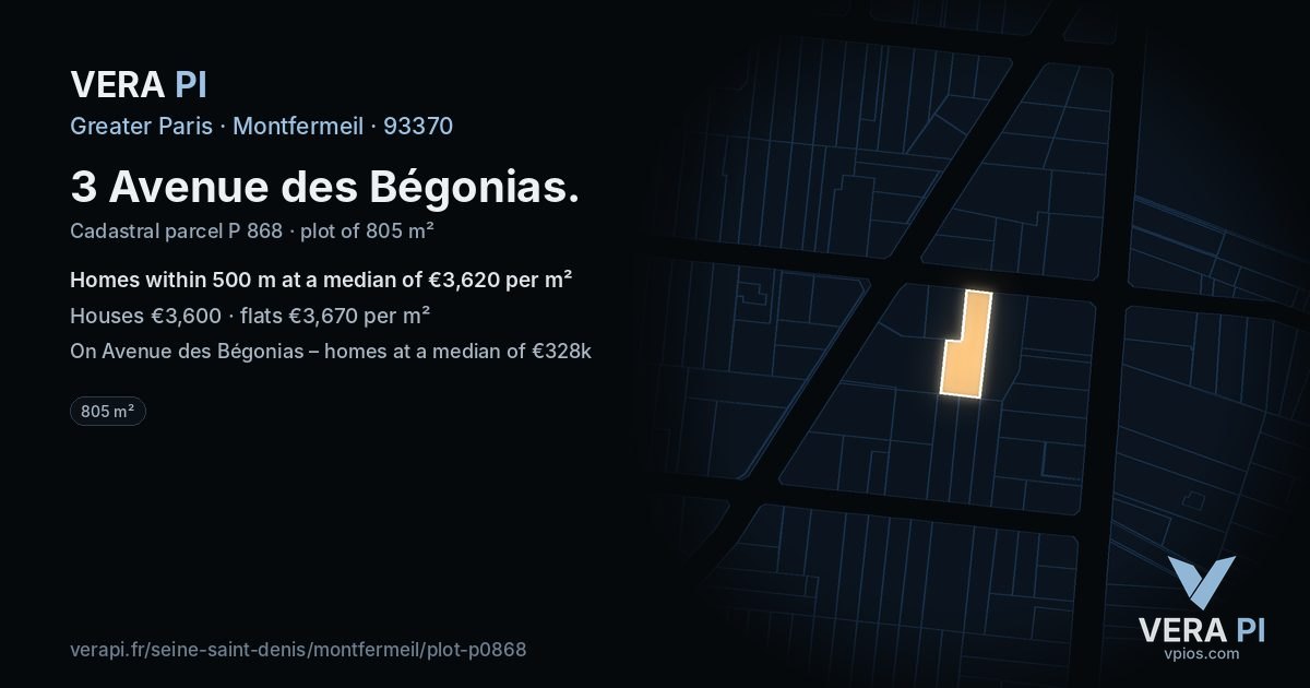 3 Avenue des Bégonias, Montfermeil at night – the plot lit, the parcels around coloured by the prices near them