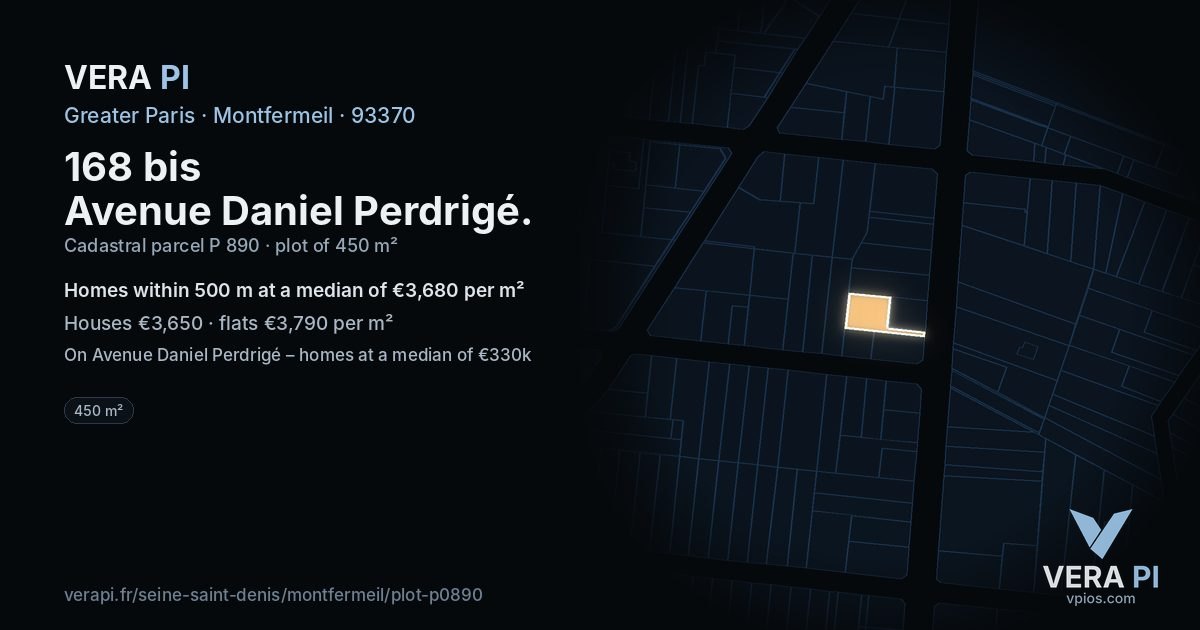 168 bis Avenue Daniel Perdrigé, Montfermeil at night – the plot lit, the parcels around coloured by the prices near them