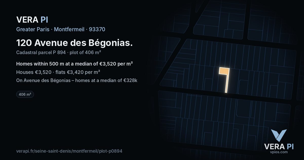 120 Avenue des Bégonias, Montfermeil at night – the plot lit, the parcels around coloured by the prices near them
