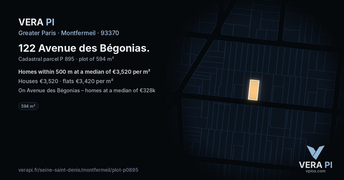 122 Avenue des Bégonias, Montfermeil at night – the plot lit, the parcels around coloured by the prices near them