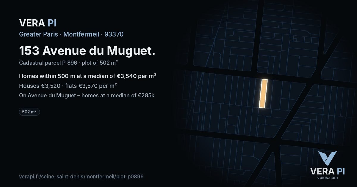 153 Avenue du Muguet, Montfermeil at night – the plot lit, the parcels around coloured by the prices near them