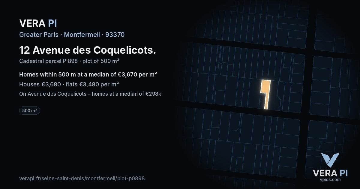 12 Avenue des Coquelicots, Montfermeil at night – the plot lit, the parcels around coloured by the prices near them