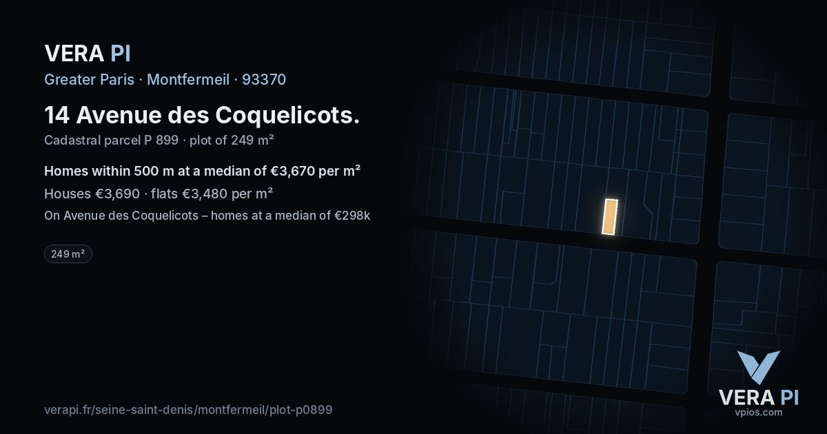 14 Avenue des Coquelicots, Montfermeil at night – the plot lit, the parcels around coloured by the prices near them