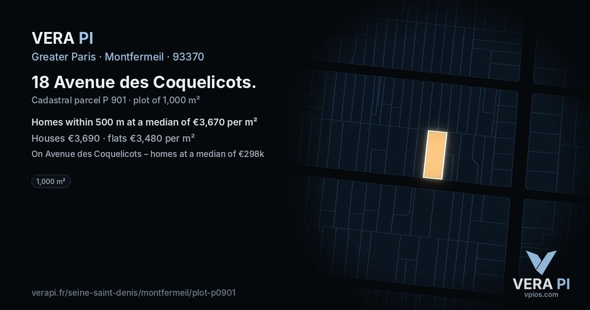 18 Avenue des Coquelicots, Montfermeil at night – the plot lit, the parcels around coloured by the prices near them