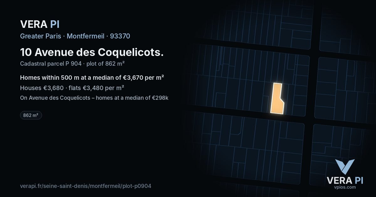 10 Avenue des Coquelicots, Montfermeil at night – the plot lit, the parcels around coloured by the prices near them