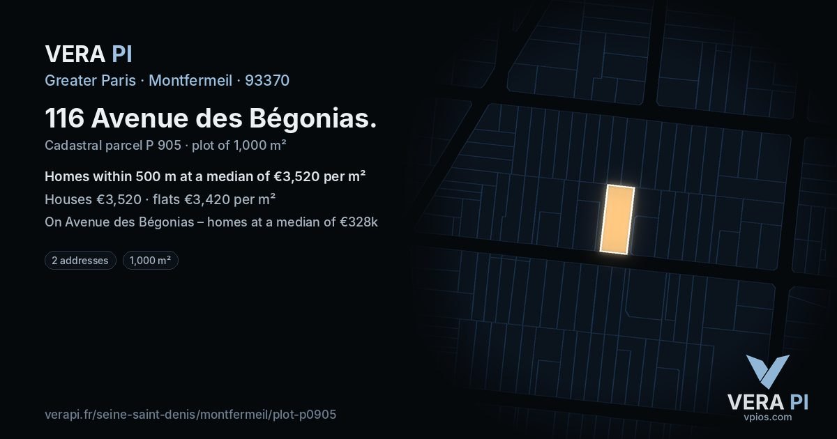 116 Avenue des Bégonias, Montfermeil at night – the plot lit, the parcels around coloured by the prices near them