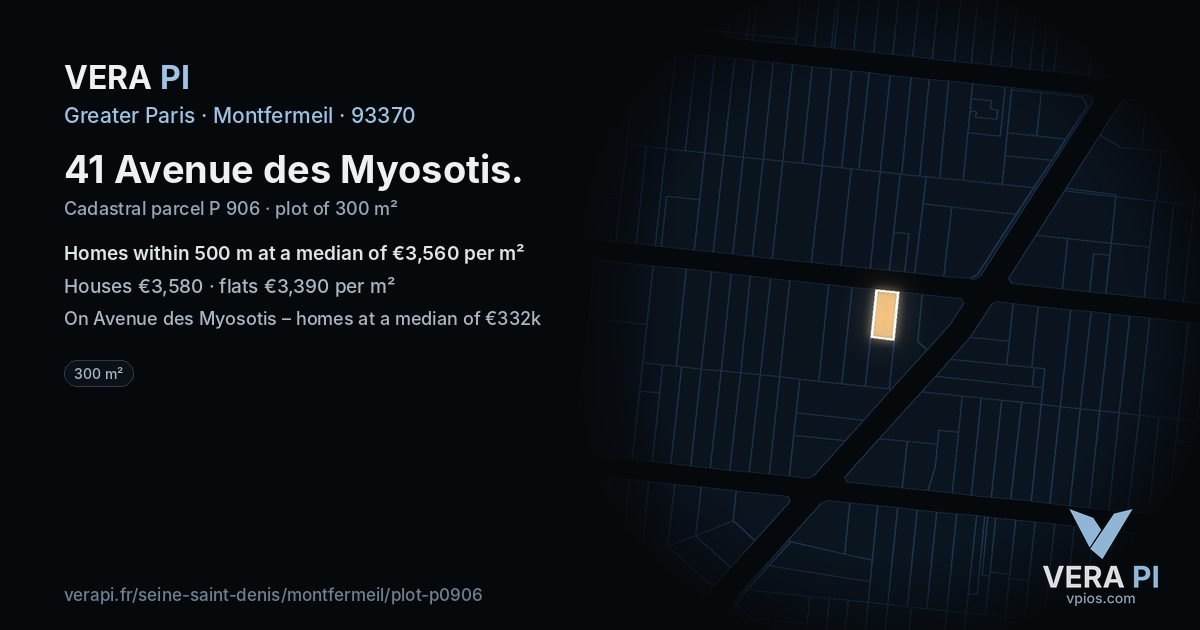 41 Avenue des Myosotis, Montfermeil at night – the plot lit, the parcels around coloured by the prices near them