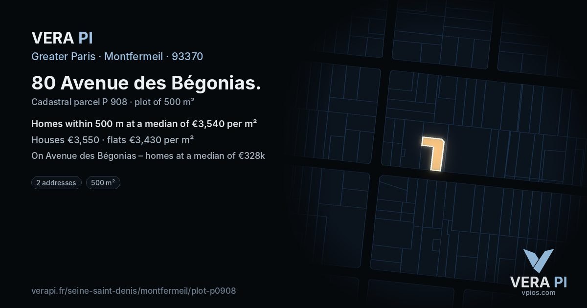 80 Avenue des Bégonias, Montfermeil at night – the plot lit, the parcels around coloured by the prices near them