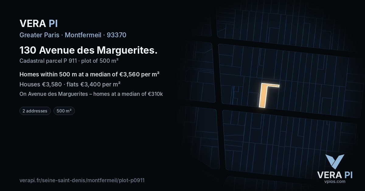 130 Avenue des Marguerites, Montfermeil at night – the plot lit, the parcels around coloured by the prices near them