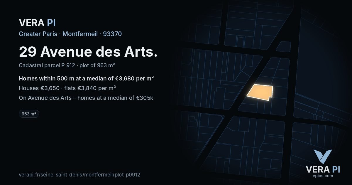 29 Avenue des Arts, Montfermeil at night – the plot lit, the parcels around coloured by the prices near them