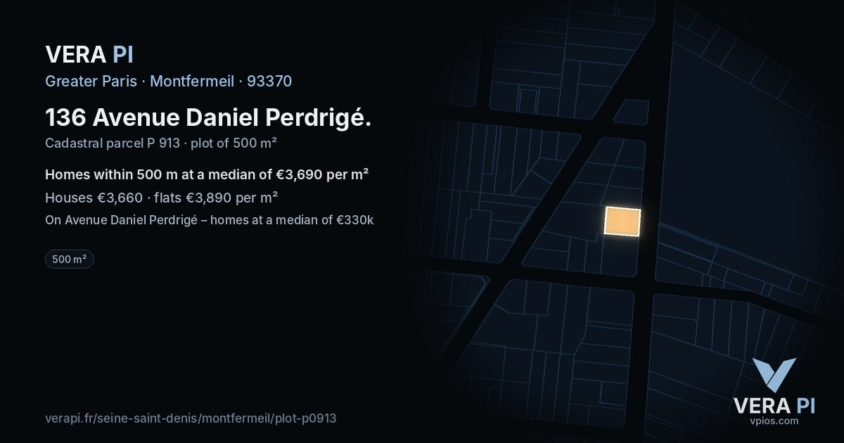 136 Avenue Daniel Perdrigé, Montfermeil at night – the plot lit, the parcels around coloured by the prices near them