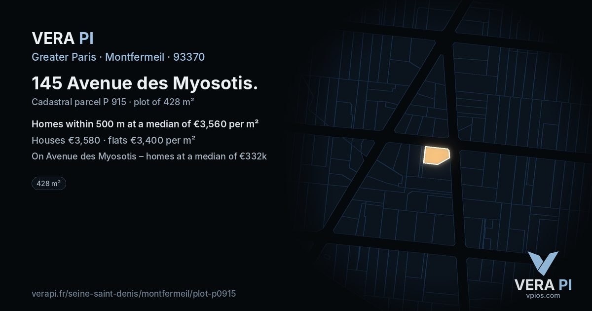 145 Avenue des Myosotis, Montfermeil at night – the plot lit, the parcels around coloured by the prices near them