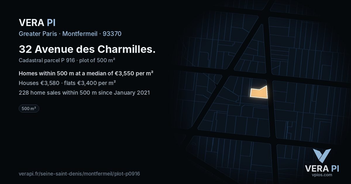 32 Avenue des Charmilles, Montfermeil at night – the plot lit, the parcels around coloured by the prices near them