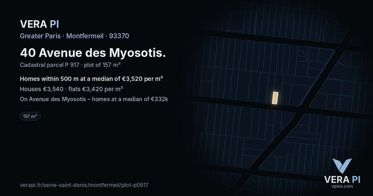 40 Avenue des Myosotis, Montfermeil at night – the plot lit, the parcels around coloured by the prices near them