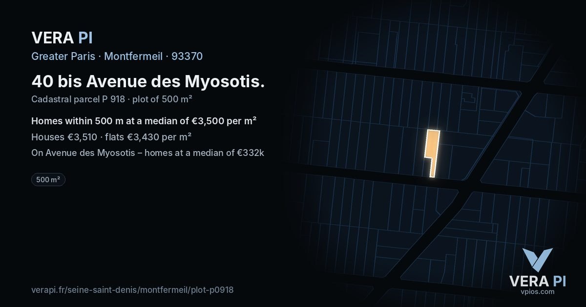 40 bis Avenue des Myosotis, Montfermeil at night – the plot lit, the parcels around coloured by the prices near them