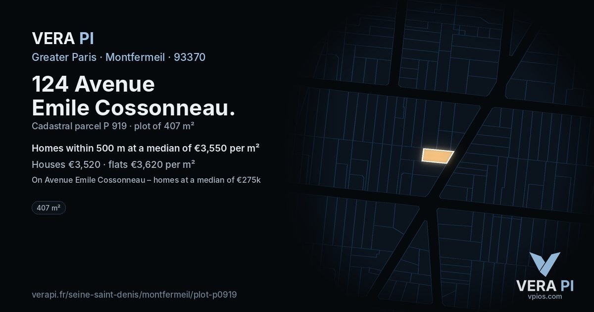 124 Avenue Emile Cossonneau, Montfermeil at night – the plot lit, the parcels around coloured by the prices near them