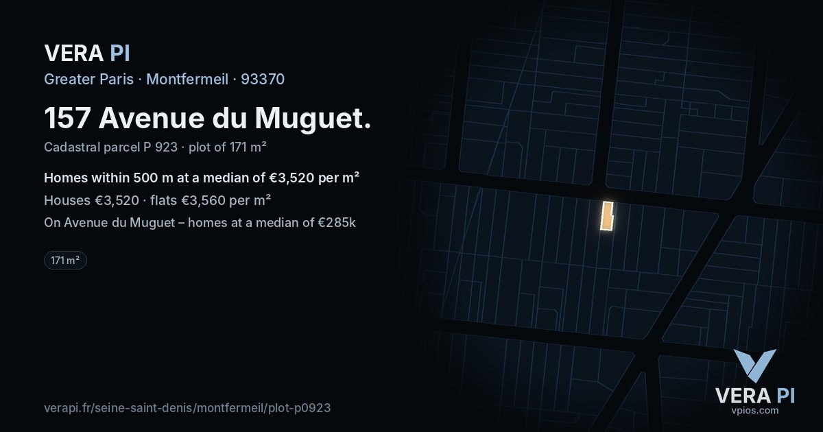 157 Avenue du Muguet, Montfermeil at night – the plot lit, the parcels around coloured by the prices near them
