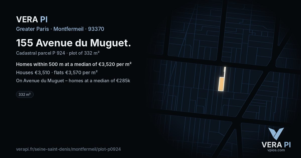 155 Avenue du Muguet, Montfermeil at night – the plot lit, the parcels around coloured by the prices near them