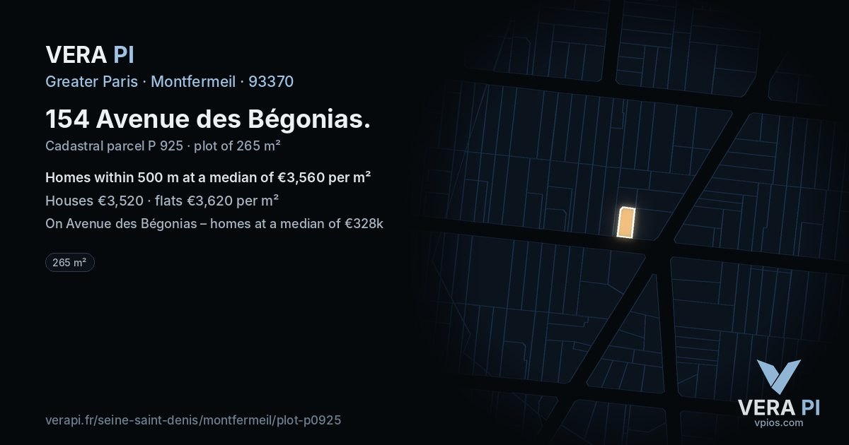 154 Avenue des Bégonias, Montfermeil at night – the plot lit, the parcels around coloured by the prices near them