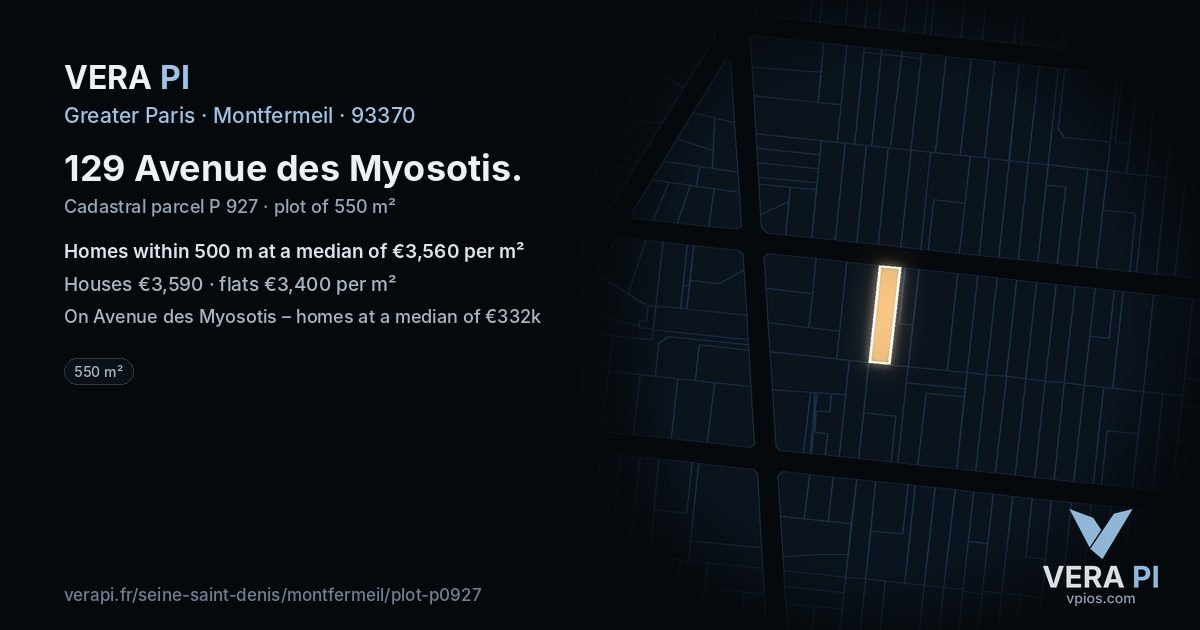 129 Avenue des Myosotis, Montfermeil at night – the plot lit, the parcels around coloured by the prices near them