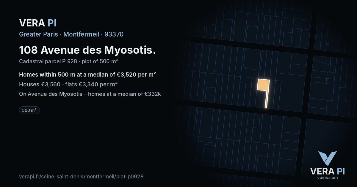 108 Avenue des Myosotis, Montfermeil at night – the plot lit, the parcels around coloured by the prices near them