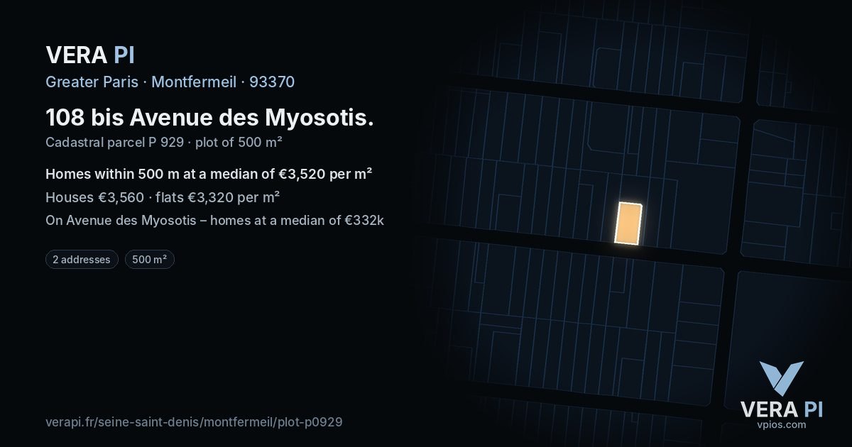 108 bis Avenue des Myosotis, Montfermeil at night – the plot lit, the parcels around coloured by the prices near them