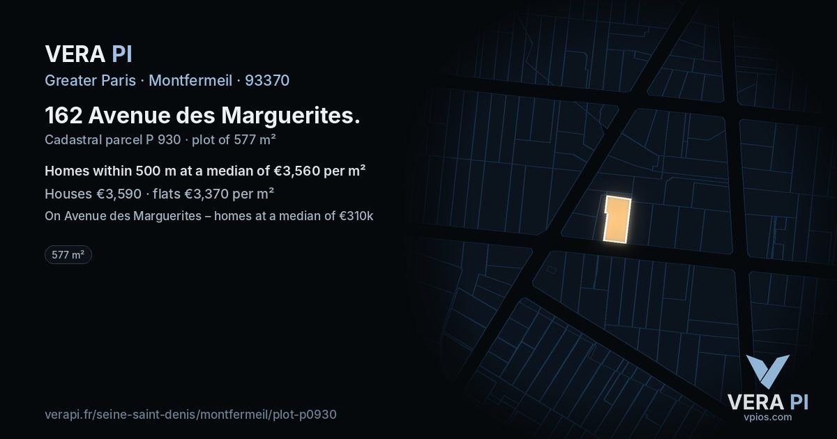 162 Avenue des Marguerites, Montfermeil at night – the plot lit, the parcels around coloured by the prices near them