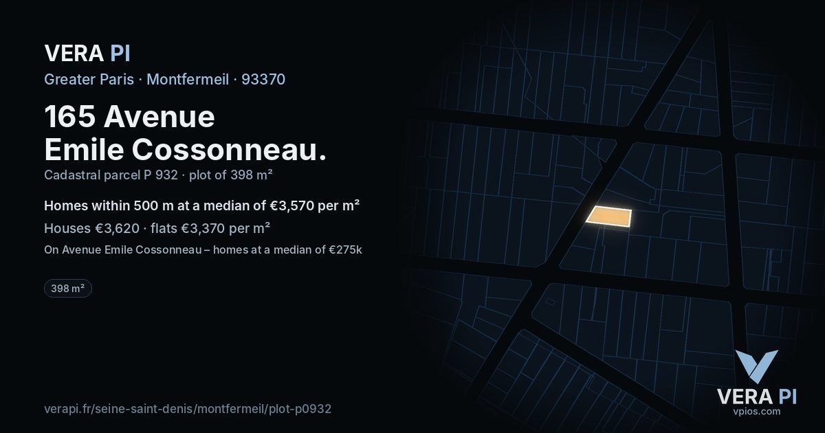 165 Avenue Emile Cossonneau, Montfermeil at night – the plot lit, the parcels around coloured by the prices near them