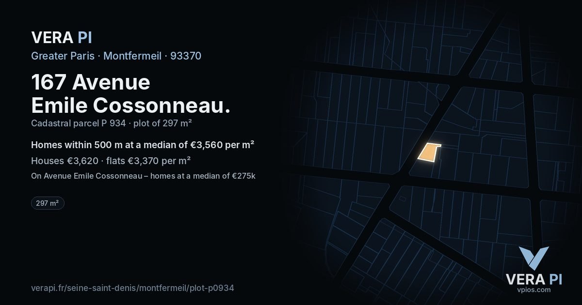 167 Avenue Emile Cossonneau, Montfermeil at night – the plot lit, the parcels around coloured by the prices near them