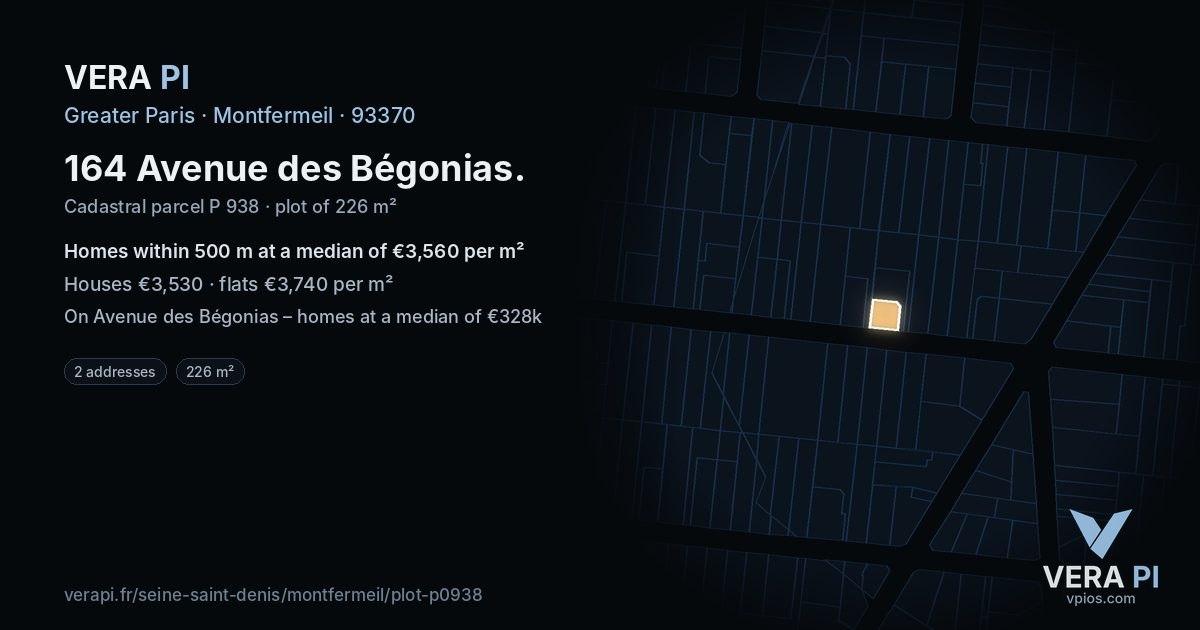 164 Avenue des Bégonias, Montfermeil at night – the plot lit, the parcels around coloured by the prices near them