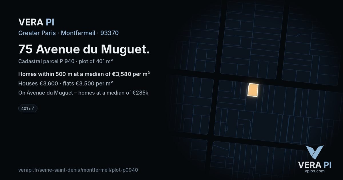 75 Avenue du Muguet, Montfermeil at night – the plot lit, the parcels around coloured by the prices near them