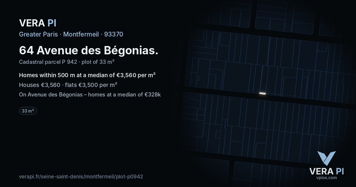 64 Avenue des Bégonias, Montfermeil at night – the plot lit, the parcels around coloured by the prices near them