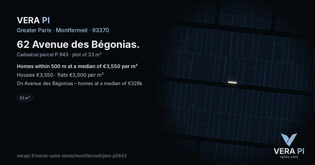 62 Avenue des Bégonias, Montfermeil at night – the plot lit, the parcels around coloured by the prices near them