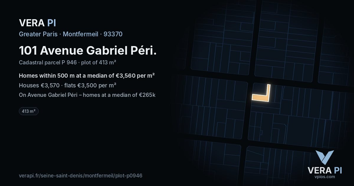 101 Avenue Gabriel Péri, Montfermeil at night – the plot lit, the parcels around coloured by the prices near them