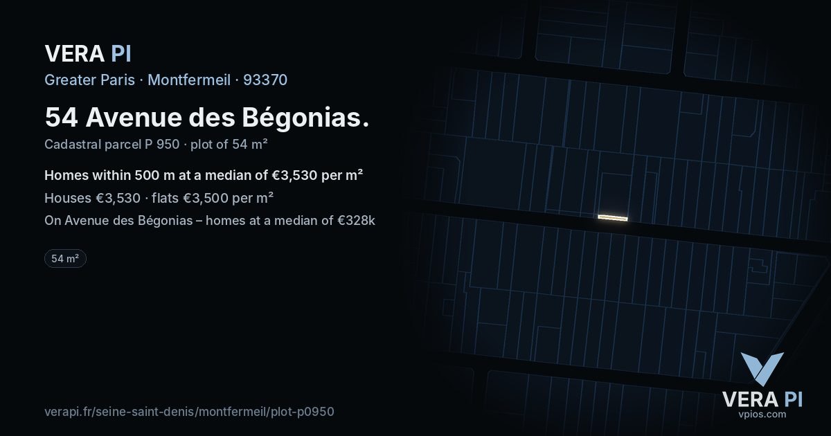 54 Avenue des Bégonias, Montfermeil at night – the plot lit, the parcels around coloured by the prices near them