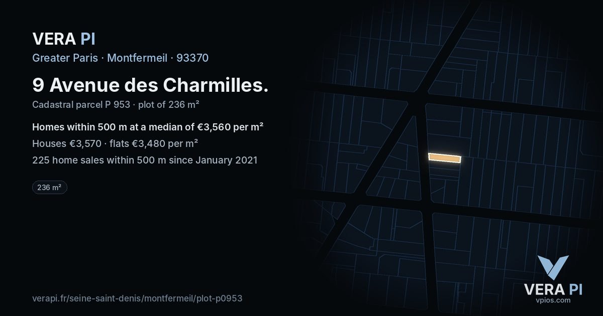 9 Avenue des Charmilles, Montfermeil at night – the plot lit, the parcels around coloured by the prices near them