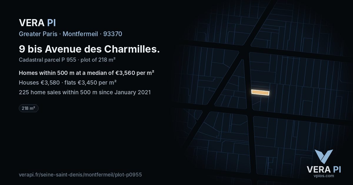 9 bis Avenue des Charmilles, Montfermeil at night – the plot lit, the parcels around coloured by the prices near them
