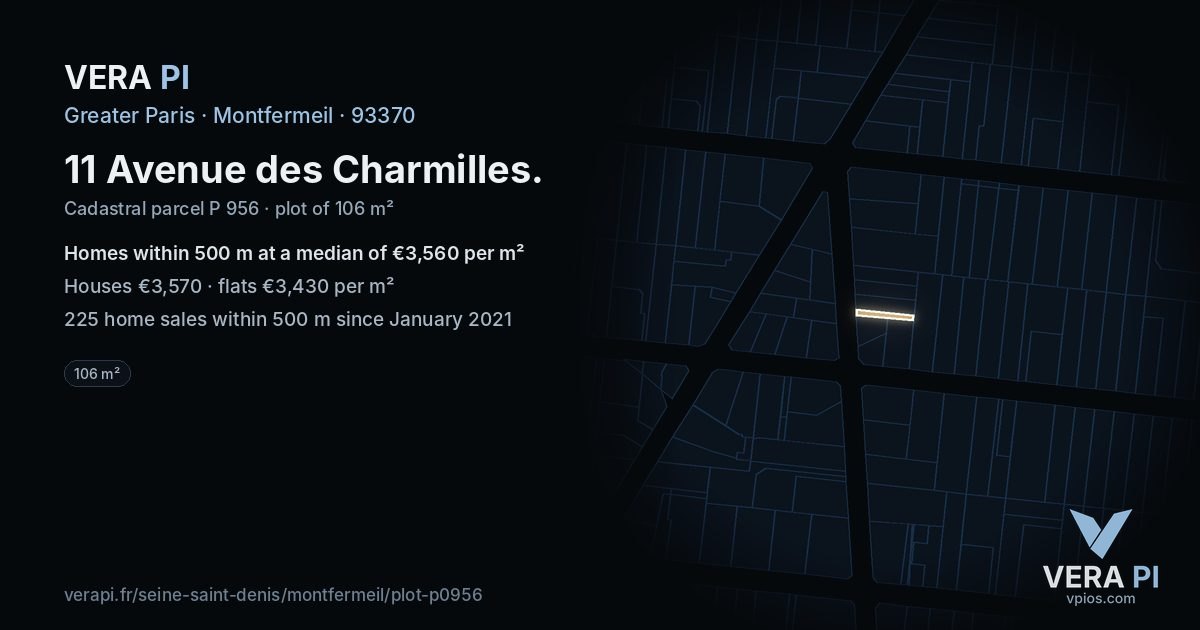 11 Avenue des Charmilles, Montfermeil at night – the plot lit, the parcels around coloured by the prices near them