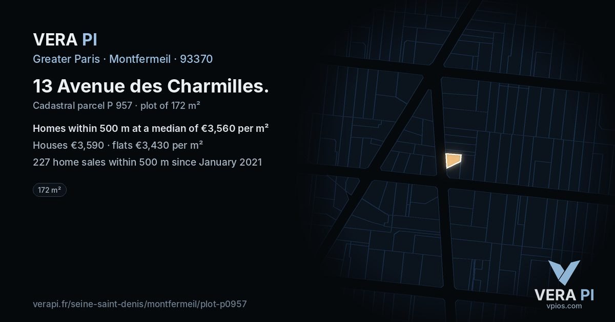 13 Avenue des Charmilles, Montfermeil at night – the plot lit, the parcels around coloured by the prices near them