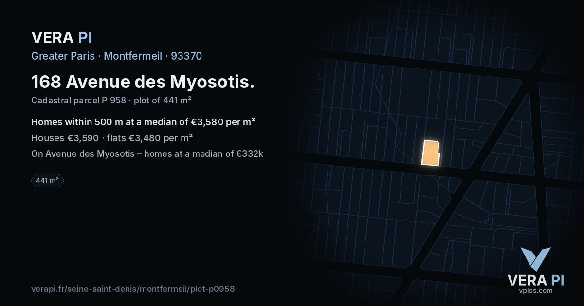 168 Avenue des Myosotis, Montfermeil at night – the plot lit, the parcels around coloured by the prices near them