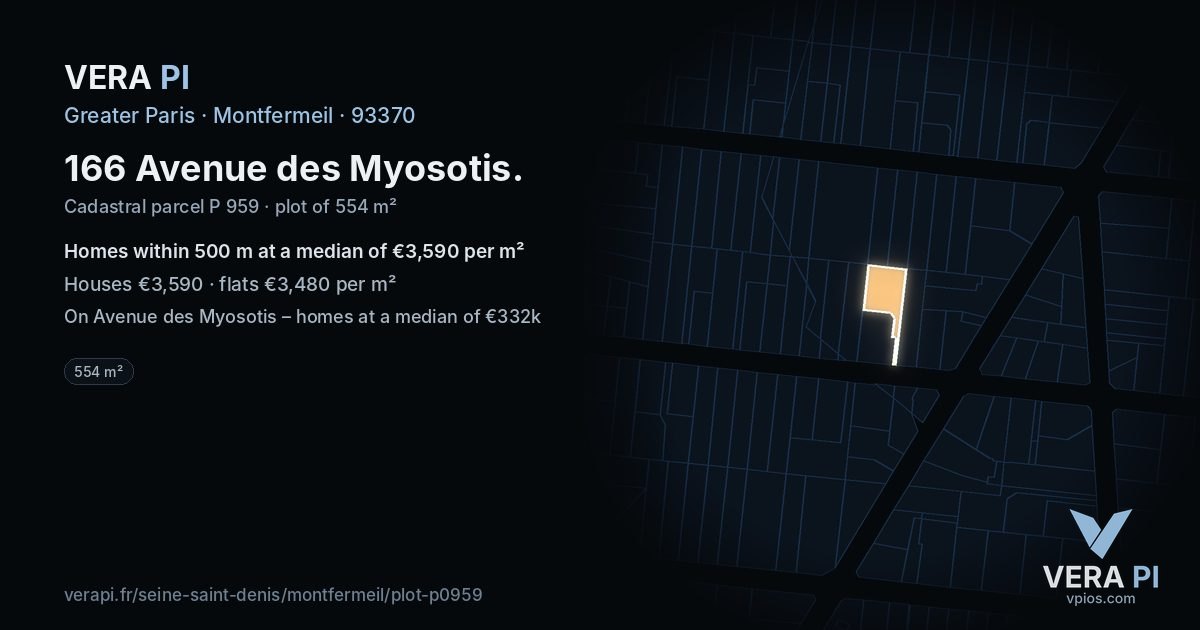 166 Avenue des Myosotis, Montfermeil at night – the plot lit, the parcels around coloured by the prices near them
