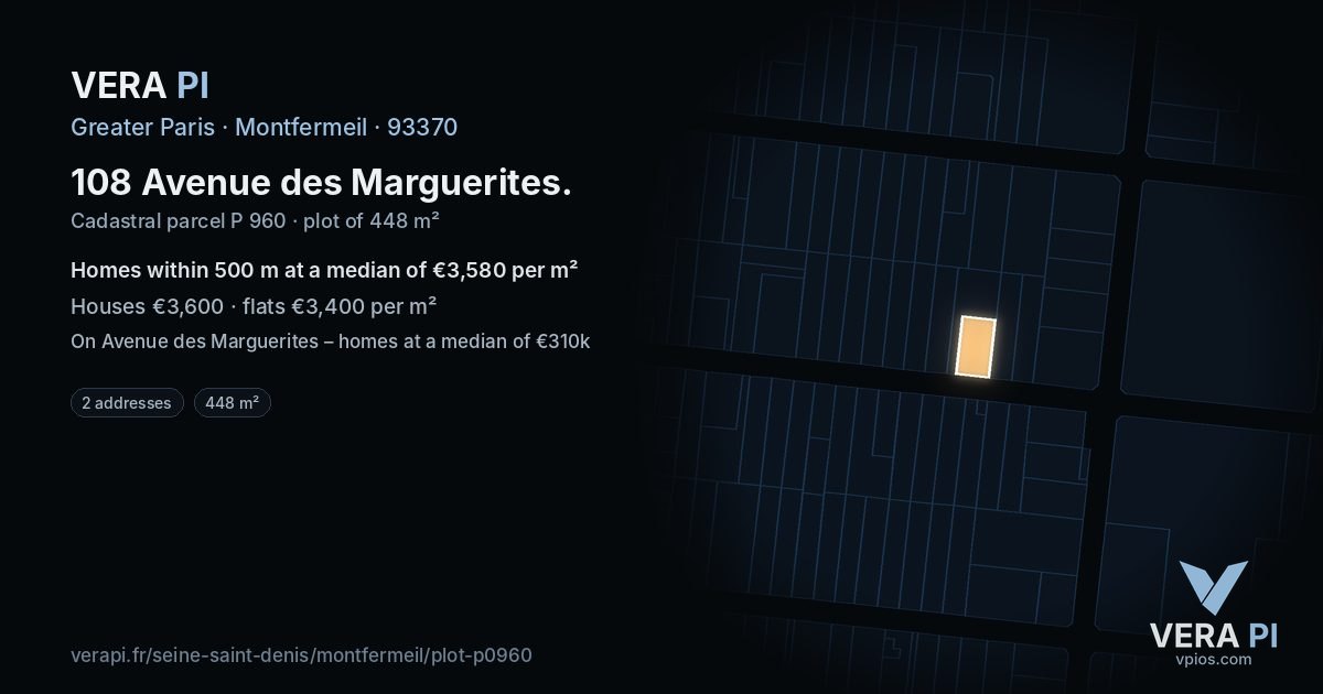 108 Avenue des Marguerites, Montfermeil at night – the plot lit, the parcels around coloured by the prices near them